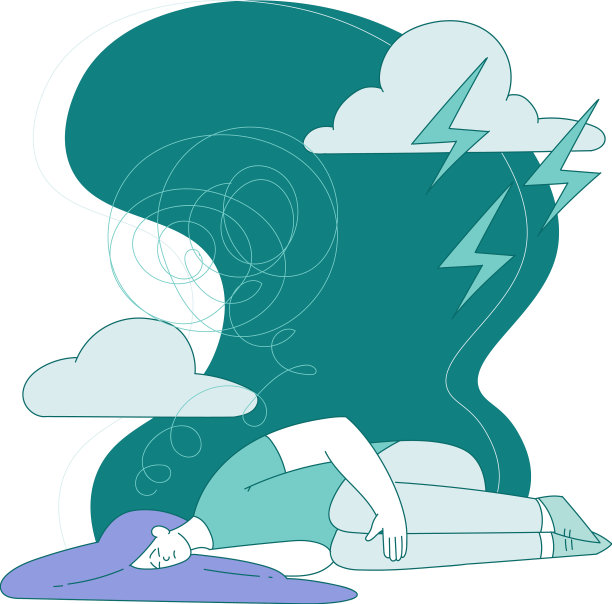 年轻女子躺在乌云密布的地板上图片下载