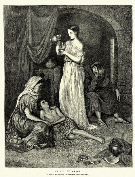 慈悲之举，年轻女子为穷人倒酒，慈善，19世纪英国艺术图片下载