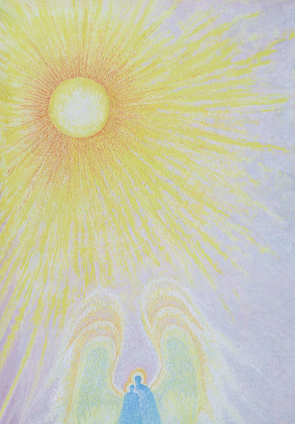 时尚的插画现代艺术作品我在画布上的原创油画象征主义的垂直的梦幻的风景被阳光照亮的天空在粉红色的太阳与光线两个天使与翅膀飞向太阳图片下载