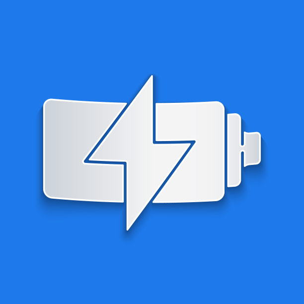 纸切割电池图标隔离在蓝色背景。闪电的象征。纸艺术风格。矢量图图片下载