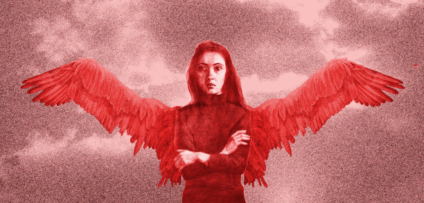 时尚的插图寓言梦想飞翔现代艺术超现实主义的作品，我的原始画在红铅笔水平的风景天空的形象，一个天使形状的女孩与翅膀作为飞行的象征，在日落的天空和云彩的背景图片下载
