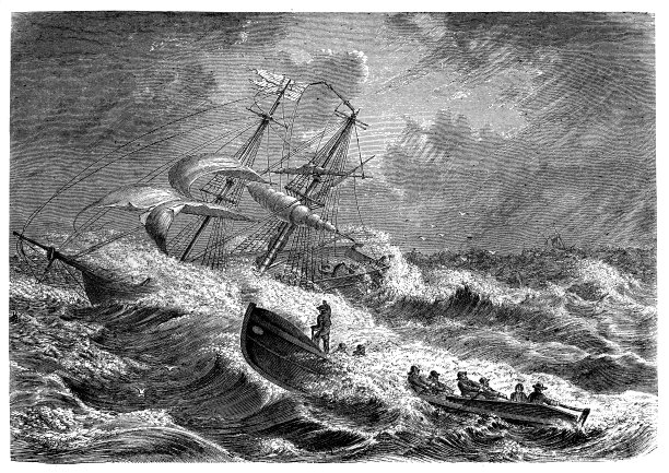 1864年11月7日，英国双桅帆船“Penscher”号的救生艇在海中遇险，东弗里斯兰兰格岛，紧急救援图片下载