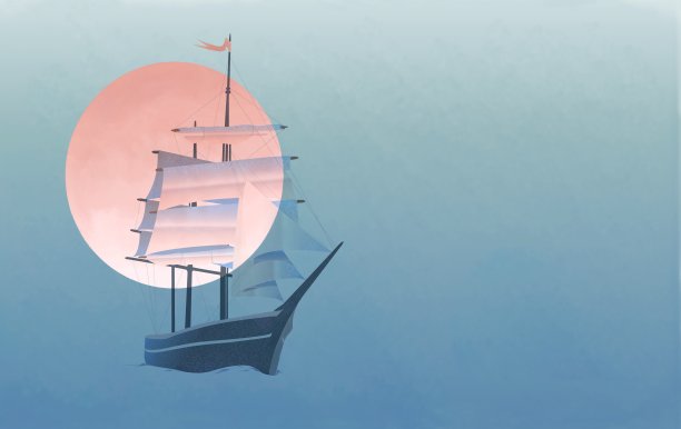 以月亮盘为背景的帆船，浪漫的风格图片下载