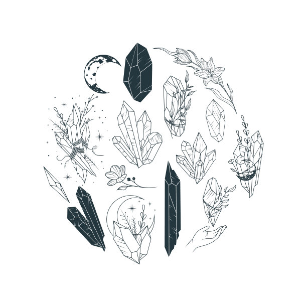 Сelestial套月亮和花晶体。手绘线性插图的巫术和纹身。图片下载