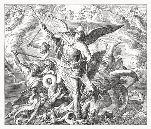 米迦勒与龙争战(启示录12)，木刻，1860年出版图片下载