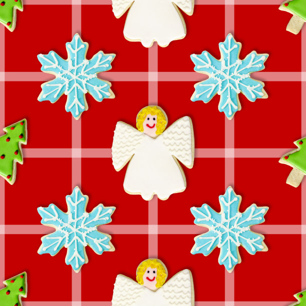 圣诞树，蓝色雪花和天使:圣诞饼干重复图案背景墙纸图片下载