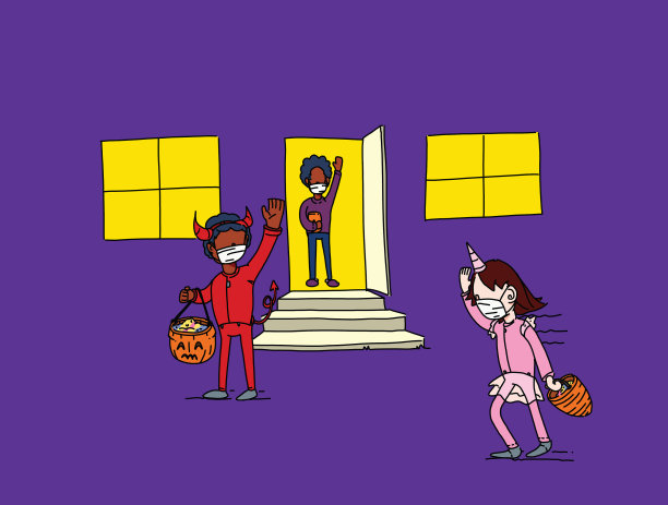 男孩打扮成魔鬼，他的非洲裔父母向他们的朋友挥手，白人女孩打扮成公主，每个人都戴着面具。图片下载