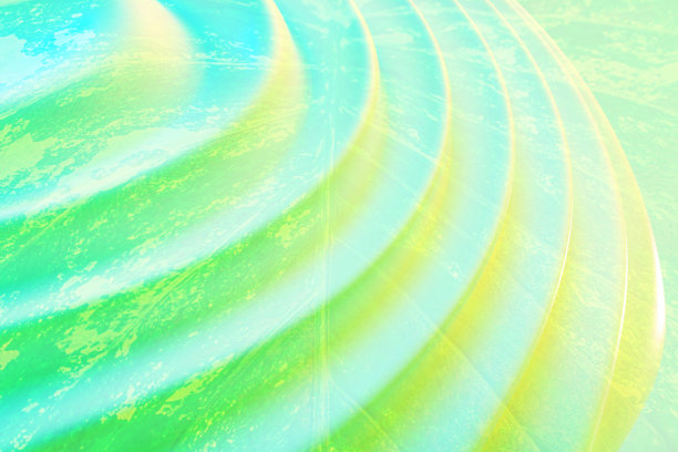 绿色，橙色的螺旋楼梯，台阶，圆柱，抽象的背景在柔和的颜色，最小的场景。图片下载