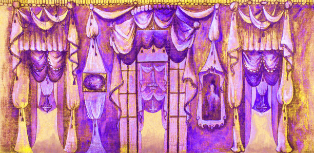 时尚的插图，现代的艺术作品寓言古代的室内，帆布上的油画，印象派水平的历史室内，带有吊灯，窗户，门，墙上的镜子画和紫色的窗帘图片下载