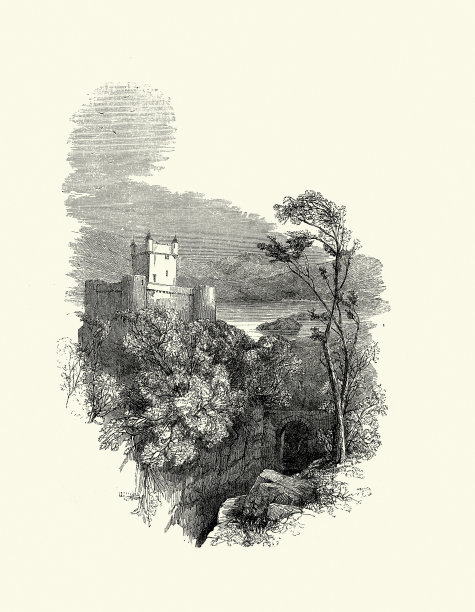 森林中的中世纪城堡，湖边，幻想，复古插画图片下载