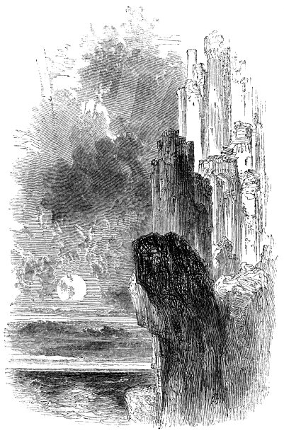 悬崖上的城堡，日落时俯瞰大海——19世纪图片下载