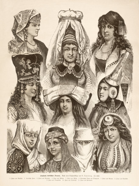 不同的帽子和帽子的土耳其妇女插图1888图片下载
