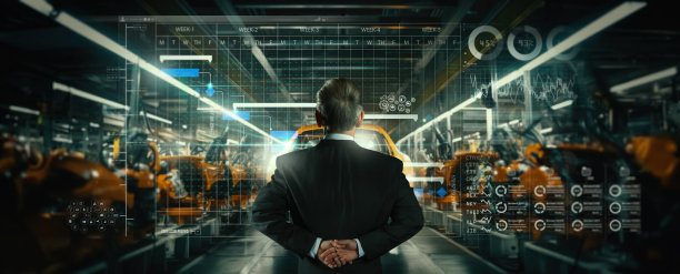 工程师经理与虚拟电脑一起工作汽车生产厂的机械臂正在工作。图片下载