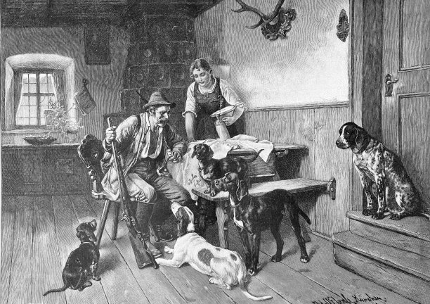 坐在餐桌旁的猎人挑选被允许去打猎的狗图片下载