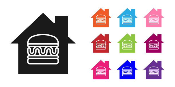黑色在线订购和快餐外卖图标孤立在白色背景。设置图标丰富多彩。向量图片下载