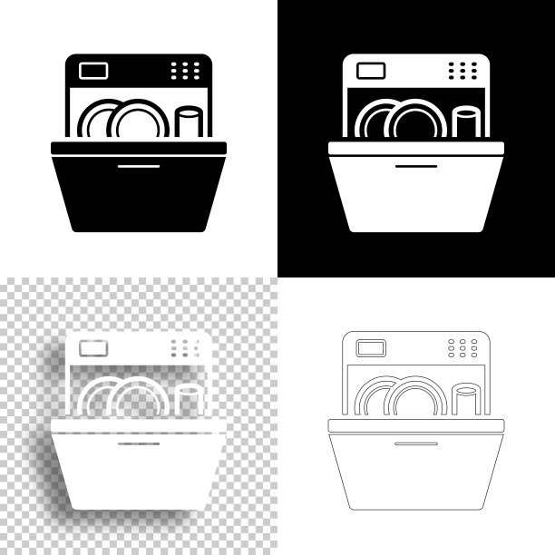 洗碗机。图标设计。空白，白色和黑色背景-线图标图片下载