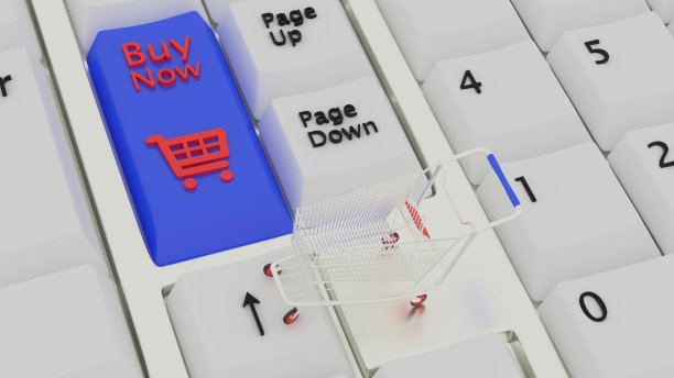 网上购物的概念。购物车，小盒子，桌上的笔记本电脑。三维渲染图片下载