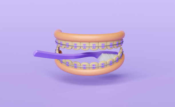 3d正畸卡通，牙套与牙龈，清洁牙刷隔离在紫色背景。3d渲染图图片下载