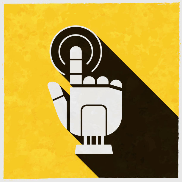 机器人手触摸-点击。图标与长阴影的纹理黄色背景图片下载