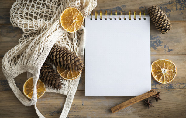 记事本与复制空间上的木制背景和自然圣诞装饰。模型。环保理念图片下载