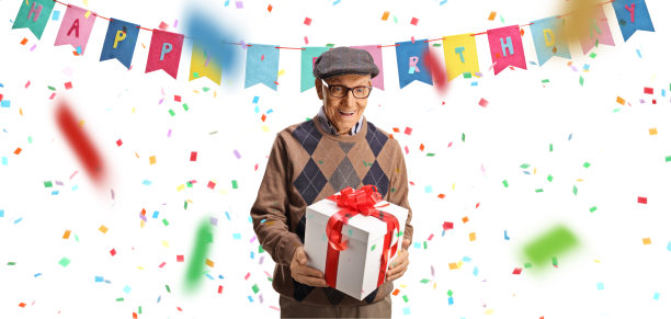 快乐的老人拿着礼盒庆祝生日图片下载
