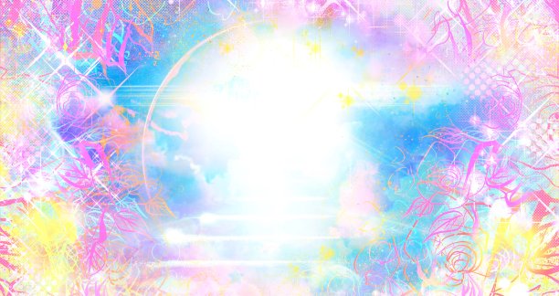 奇幻背景插画，五彩缤纷的玫瑰笔画框，美丽的彩虹云海在太空中飘荡。图片下载