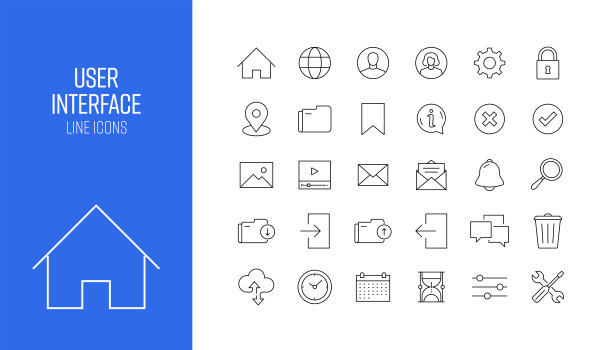 一组用户界面相关的行图标。大纲符号集合图片下载