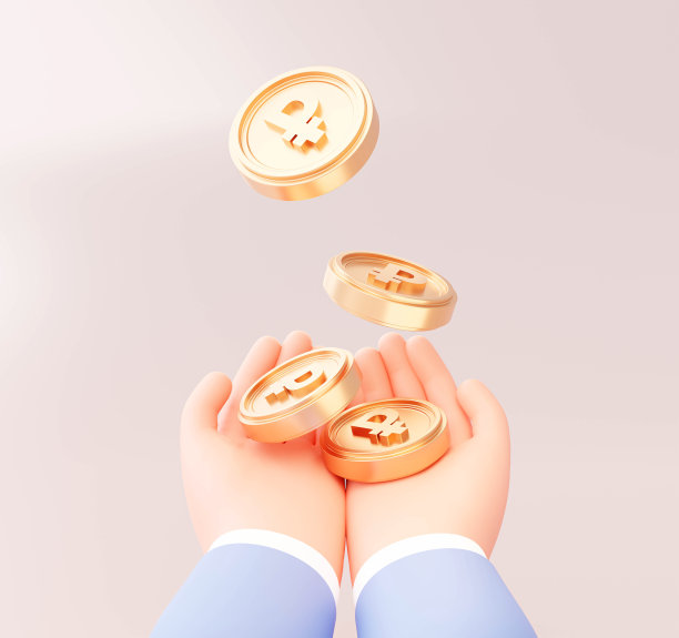 俄币金融经济背景，金色卢布硬币落入手中的3D卡通插画图片下载