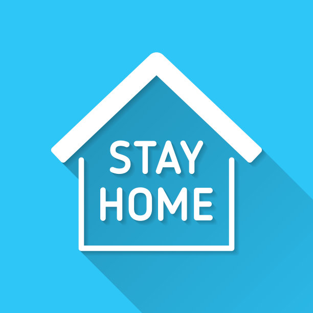 呆在家里的迹象。蓝色背景上的图标-长阴影平面设计图片下载
