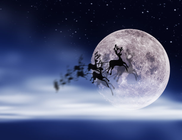 圣诞老人和驯鹿的剪影飞过月亮图片下载
