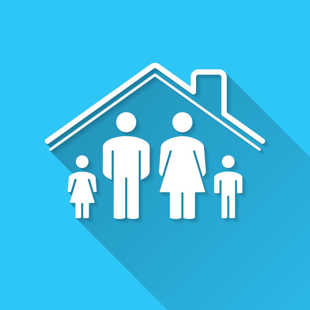 家人呆在家里。图标在蓝色背景-平面设计与长阴影图片下载