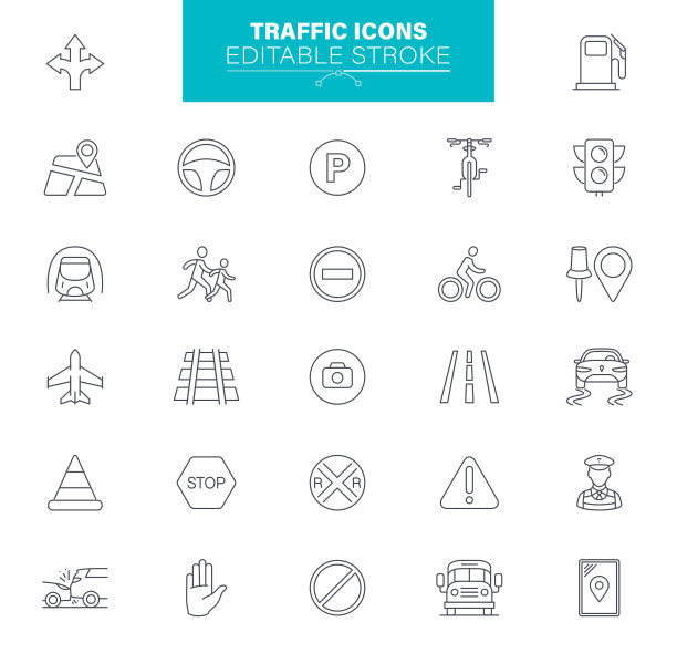 交通图标可编辑的笔触。包含道路，停止标志，交通锥，汽车，车辆，警告标志，地图，导航，图片下载