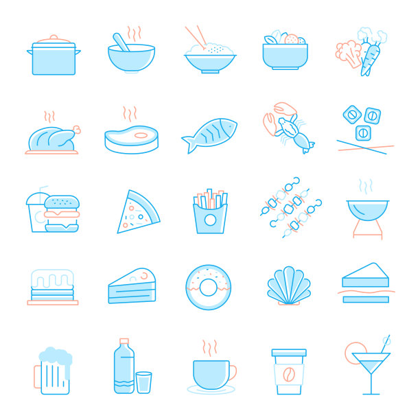 一套食品和饮料相关的线图标。简单轮廓符号图标。图片下载