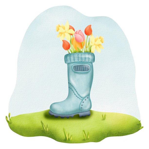 明信片构图:花园靴子花瓶中的水彩花束。数字卡通水彩手绘。乡村风格。夏季或春季主题的卡片，问候，邀请图片下载