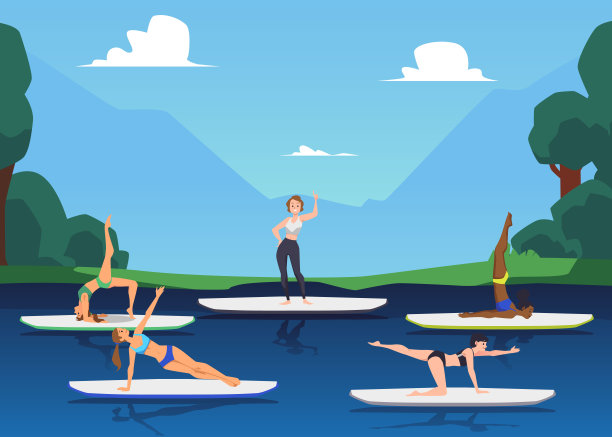 妇女做瑜伽练习站在桨板上，平面矢量插图。图片下载