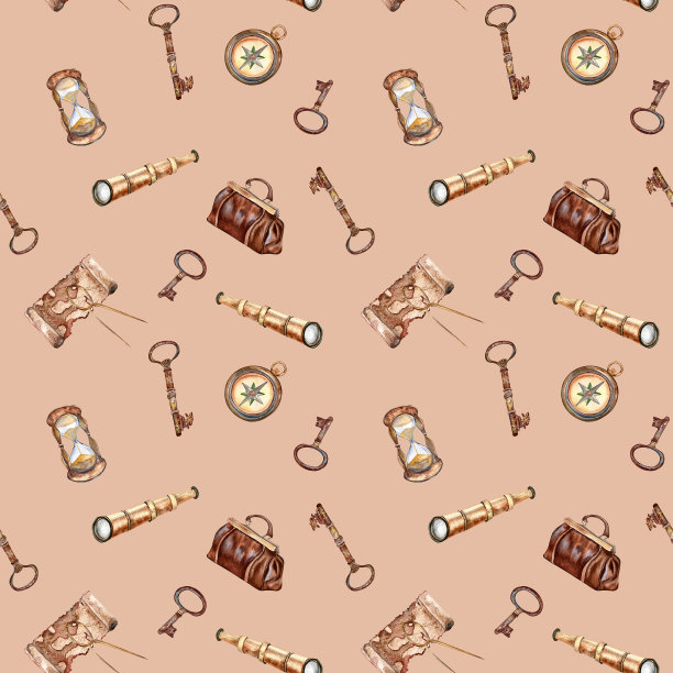 冒险项目复古风格的水彩无缝图案孤立的米色。指南针，望远镜，地图，手提包，沙漏手绘。设计元素为男孩的印花，纺织品，壁纸，背景图片下载