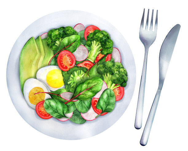 清淡的沙拉花椰菜，西红柿，萝卜，鳄梨和煮鸡蛋图片下载