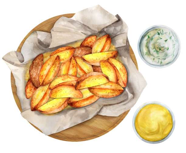 在纸上烤土豆加酱汁。水彩插图图片下载