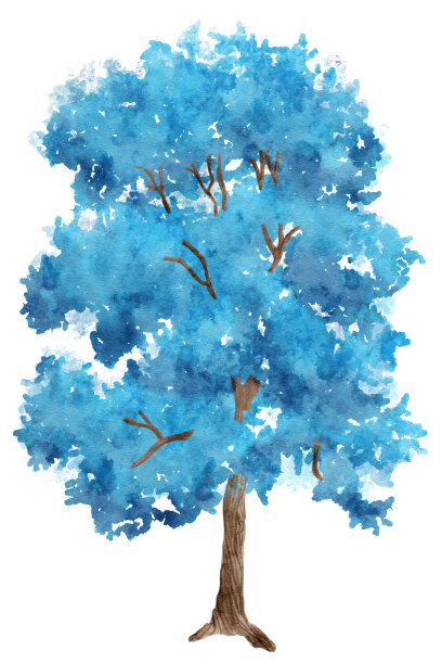 白色背景上的蓝色奇幻树的水彩插图图片下载