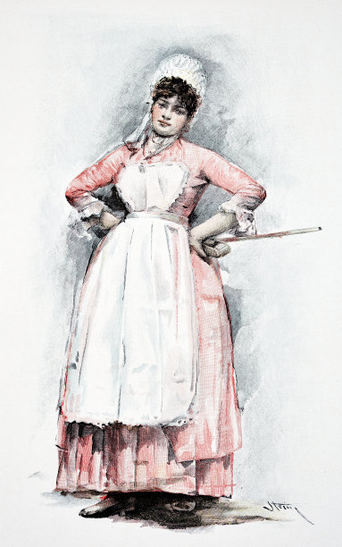 一个自信的女服务员，双手叉腰，看着观众，全身，兜帽和围裙图片下载