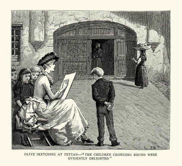 英国游客在速写本上的素描，19世纪瑞士阿尔卑斯山的恩加丁图片下载