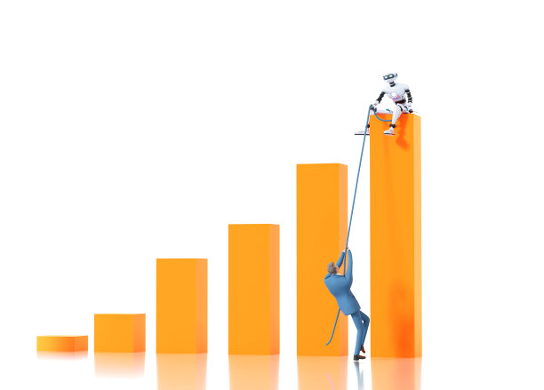 机器人坐在大箭头的顶端，帮助人类爬上去。机器人VS人类。3D渲染图图片下载