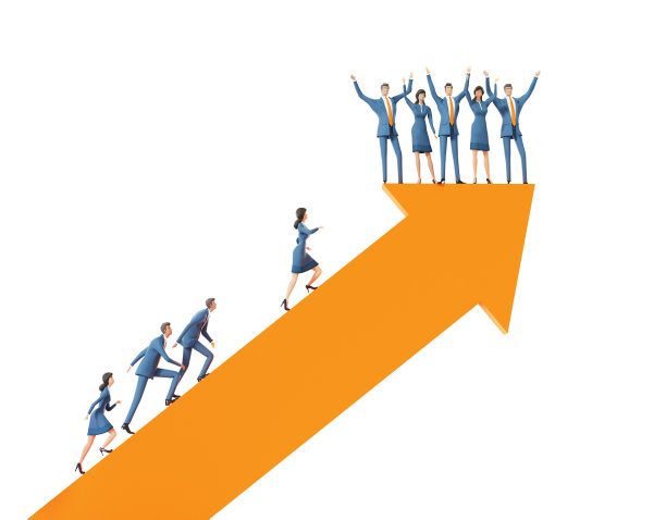 商业人士一直站在大箭头的顶端，寻找新的创业机会。3D渲染图图片下载