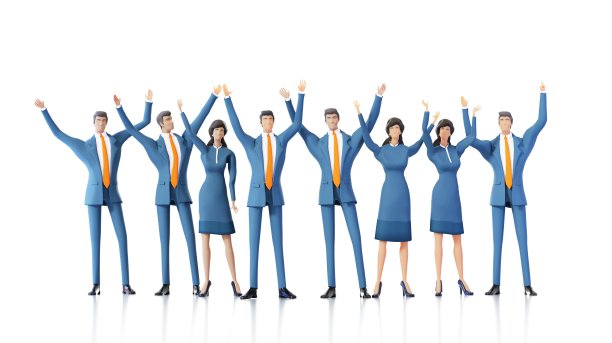 团队的商业人士举起手来庆祝成功。3D渲染图图片下载