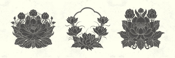 1920-1930年新艺术中的荷花。手绘莲花，用线条、叶子和莲花编织成线性风格。图片下载