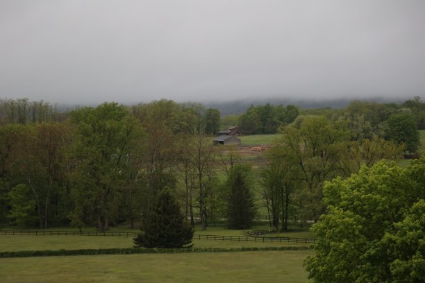 下雨天美丽的牧场和马场。图片下载