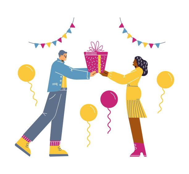 夫妻男女交换节日礼物平面矢量插图孤立。图片下载