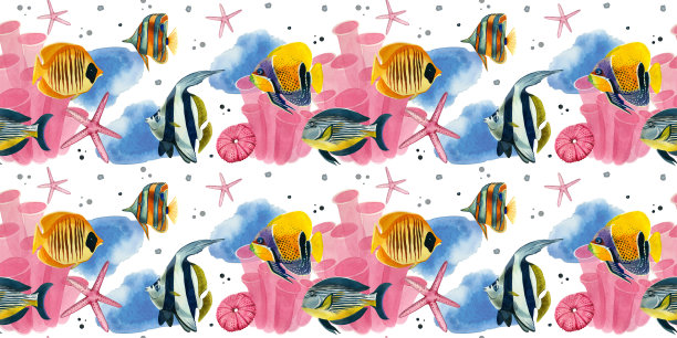 无缝模式。粉红色的热带鱼、珊瑚、星星和刺猬，在白色的背景上用水彩手绘。适用于织物、纸张、明信片、请柬、图案等印刷图片下载