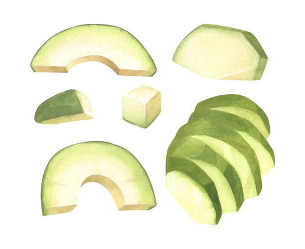 水彩画成熟的鳄梨切片。手绘插图孤立在白色背景。完美的概念菜品菜单，菜品绘图，设计包装，健康饮食图片下载