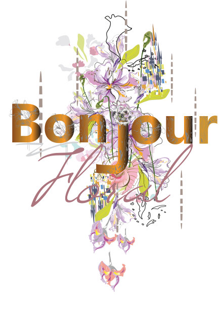 标语设计印有“bonjour”字样，热带树叶和花朵用五颜六色的马赛克装饰。图片下载